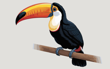Obraz premium A vibrant toco toucan perched gracefully on a wooden branch featuring its iconic oversized orange beak and sleek black feathers isolated on a clean neutral background for wildlife conservation design 