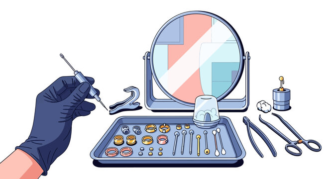 Body Piercing Tools and Jewelry Setup for Procedure.