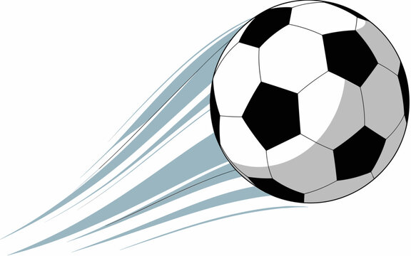 Dynamic soccer ball in motion featuring a high speed trail effect, white and black geometric pattern sports equipment flying fast, vector illustration graphic for athletic competition, active game con
