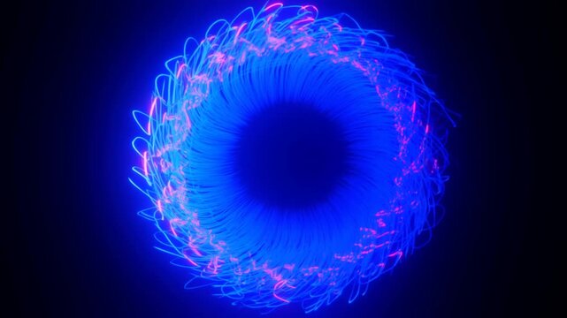 Abstract glowing circular pattern with vibrant blue and pink light trails. Represents energy, motion, and digital creativity in modern design