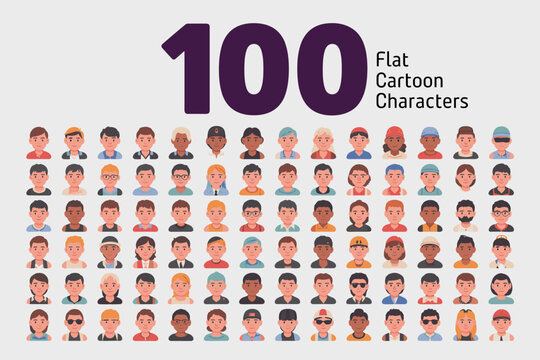 Set of 100 diverse flat vector cartoon avatars showing various faces of men and women with unique hairstyles and expressions perfect for modern web design interfaces social media profile icon graphic 