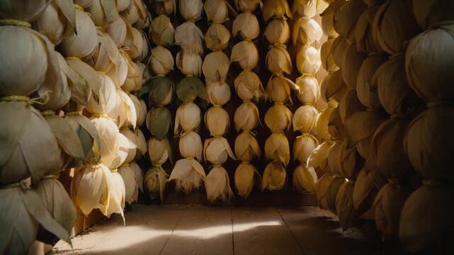 Long indoor dried-corn-husk corridor background with a low afternoon light stripe gliding beneath pale bundled textures