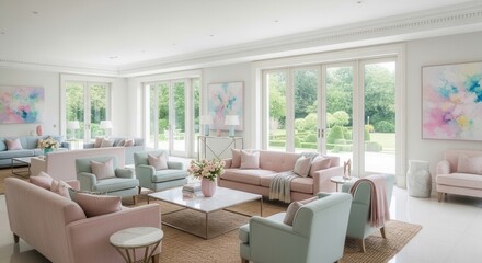 Fototapeta premium Elegant Living Room With Pastel Furniture And Garden Views