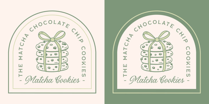 Matcha chocolate chip cookies logo Japanese green tea cream flavor label badge tag sticker packaging design. Homemade cookie stack with ribbon fancy luxury vintage aesthetic cute drawing text print.