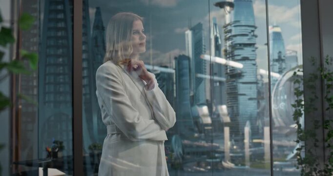 Businesswoman Stands by a Window in a Home Office, Looking at a Utopia With Flying Cars, Towers and Smart City. Success in Modern Life and Future Business. Cinematic Concept
