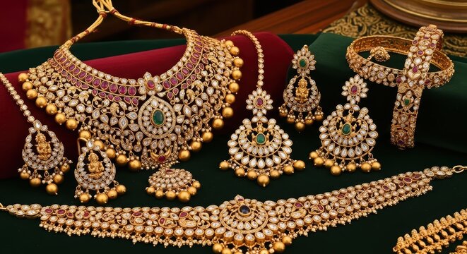 Exquisite Gold Kundan Jewelry Set with Red and Green Gems Wedding Bridal Occasion