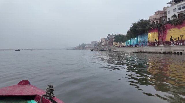Varanasi Ghat Riverfront View from Boat on Ganga River India