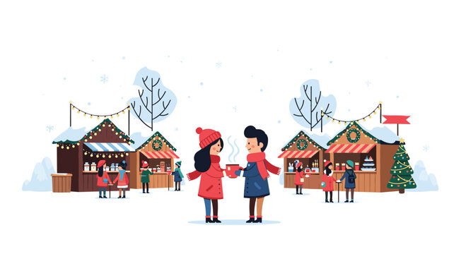A man and a woman in winter attire hold steaming mugs at a snowy outdoor winter market with festive stalls.