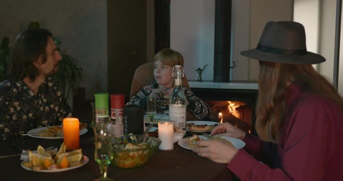 Kid Spend Time with Uncles. Friends Have a Home Party Dinner. 4K 10-bit