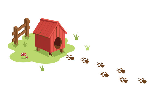 A red dog house with a wooden fence and two mushrooms sits on green grass with paw prints on a white background.