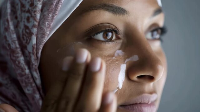 Close-up of a beautiful Muslim woman in hijab applying moisturizing face cream, skincare and beauty routine concept.