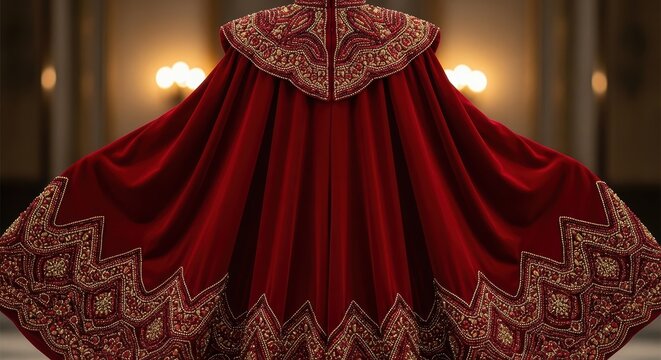Exquisite Red Velvet Cloak With Intricate Gold Sequin Embellishments And Hood In Opulent Hallway
