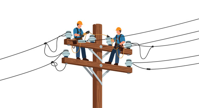 Two male utility workers in blue uniforms are working on a wooden utility pole with neatly arranged wires and insulators.