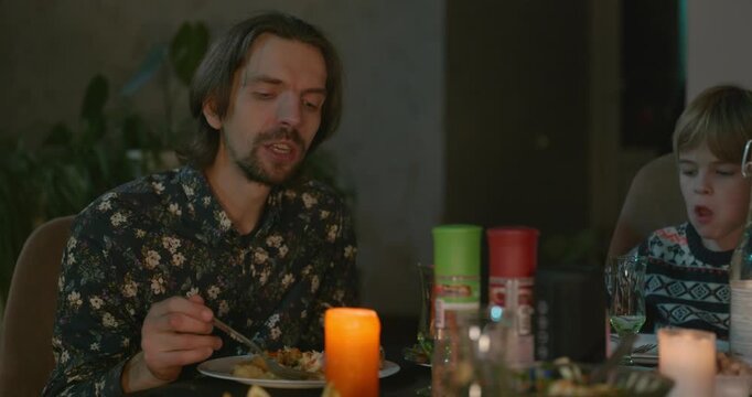 Kid Spend Time with Uncles. Friends Have a Home Party Dinner. 4K 10-bit