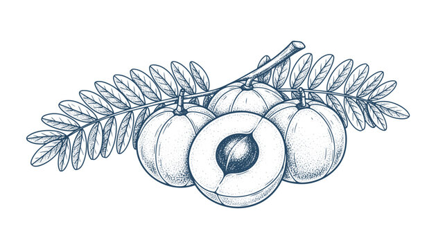 Amla indian gooseberry branch with phyllanthus emblica fruit and leaves isolated vector illustration