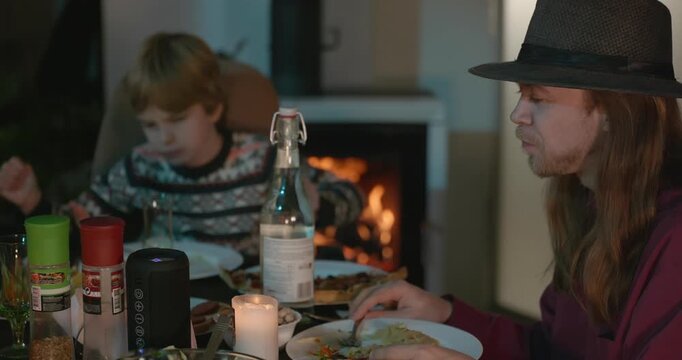 Kid Spend Time with Uncles. Friends Have a Home Party Dinner. 4K 10-bit