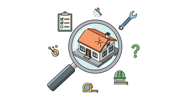 A magnifying glass is positioned over a house with a cracked roof, surrounded by a checklist, tools, and a question mark on a white background.
