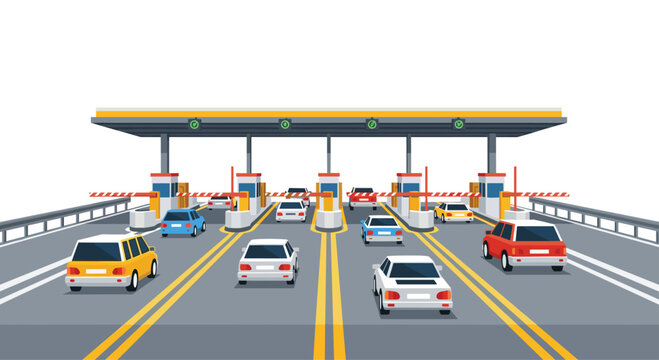 Multiple cars drive through a six-lane toll plaza with raised barriers and yellow road markings on a white background.