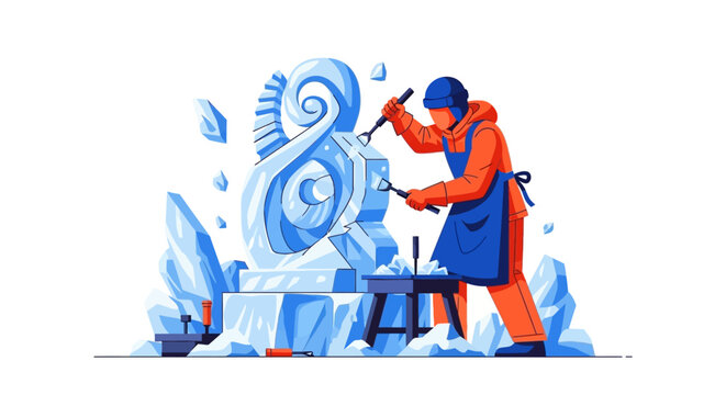 Artist sculpting a large ice block into a spiral shape.