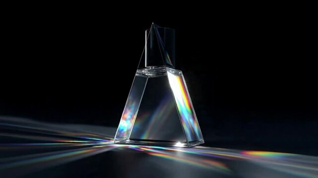 A video showcasing a glass beaker with a rainbow of light refracting through it in a dark room