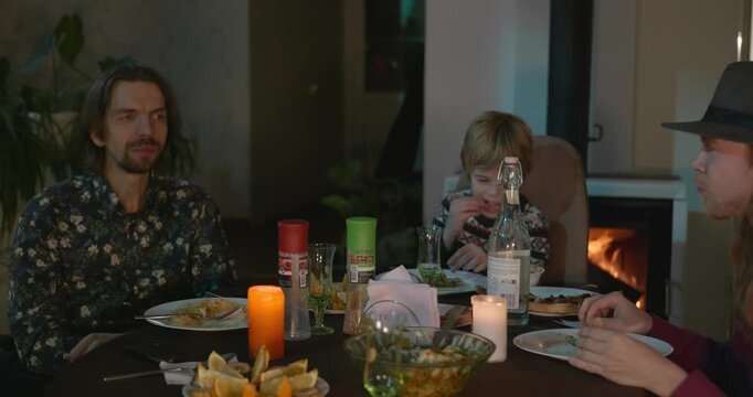 Kid Spend Time with Uncles. Friends Have a Home Party Dinner. 4K 10-bit