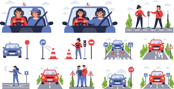 Driving school and road safety vector set with traffic signs, instructors, learners, car practice, rules education and transportation training illustration collection