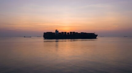 Obraz premium A large cargo ship sails across the calm sea at sunset silhouetted against a vibrant sky