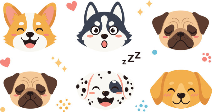 Cute dog faces vector set with corgi, husky, pug, dalmatian and retriever, funny pet emoticons, cartoon animal illustration collection
