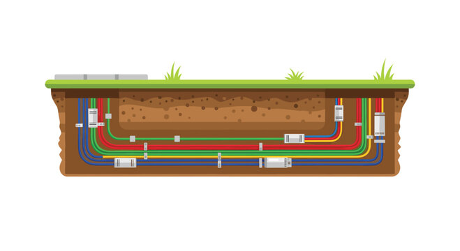 A cross-section view illustrates multi-colored cables buried neatly underground beneath a layer of green grass and brown soil.
