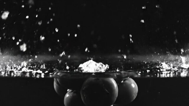 Black and white slow motion of persimmon fruits splashing into water creating beautiful droplets and waves