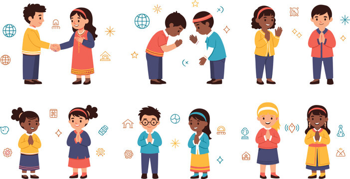 Multicultural greeting gestures vector set with people shaking hands, bowing, namaste and clapping, global communication and etiquette illustration collection