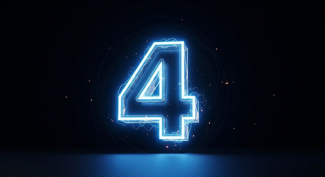 Glowing blue neon number four sign with 3d effect and electrical spark details against dark black background representing numerical sequence count or anniversary symbol in modern tech aesthetic style