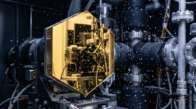Macro view of a hexagonal beryllium mirror segment for a space telescope, completely coated in a highly reflective gold film with frost.