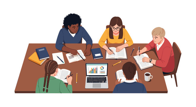 Five diverse students are studying at a round wooden table with books, notebooks, and a laptop.