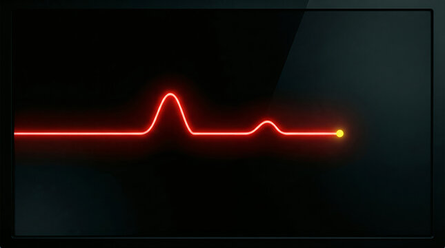 Digital Heart Rate Monitor Screen with Red Neon Pulse Line and Glowing End Point