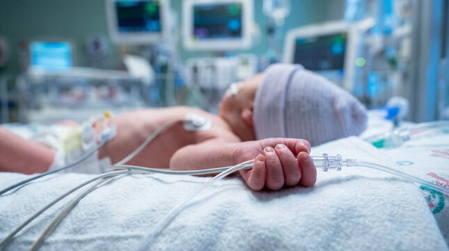 Close-up view of a newborn baby lying in a neonatal intensive care unit with medical monitoring cables attached.