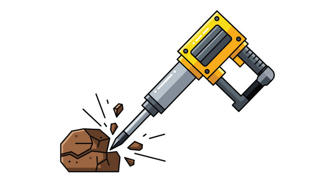 A yellow and gray jackhammer is shown breaking a brown rock into fragments on a white background.