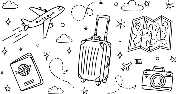 Travel doodle vector illustration with airplane, suitcase, passport, camera and map, hand drawn line art tourism elements collection
