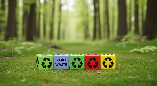 Five Colorful Dice With Recycling Symbols Arranged In A Forest Setting With Soft Sunlight