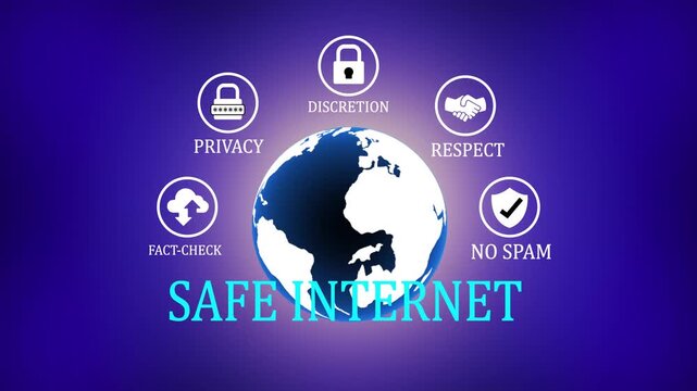 Safe internet concept motion featuring a rotating globe surrounded by digital representing privacy discretion respect.