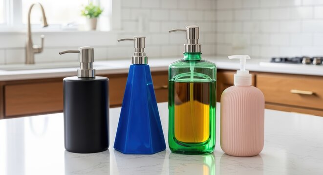 Four Decorative Soap Dispensers Lined Up On A Kitchen Counter With Subway Tile Backsplash