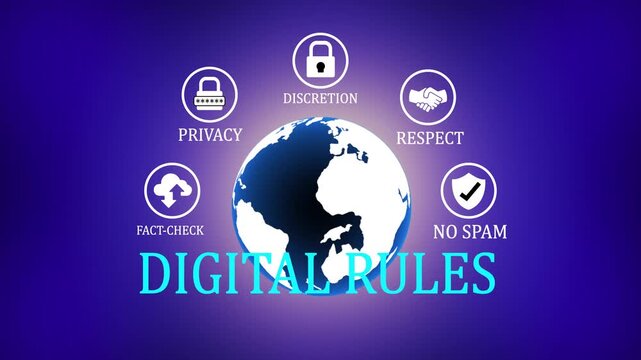 Digital rules concept featuring a global earth globe surrounded by essential internet etiquette including privacy.