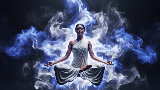 Woman Meditating with Ethereal Blue Energy Flowing Around Her in a Dark Setting.