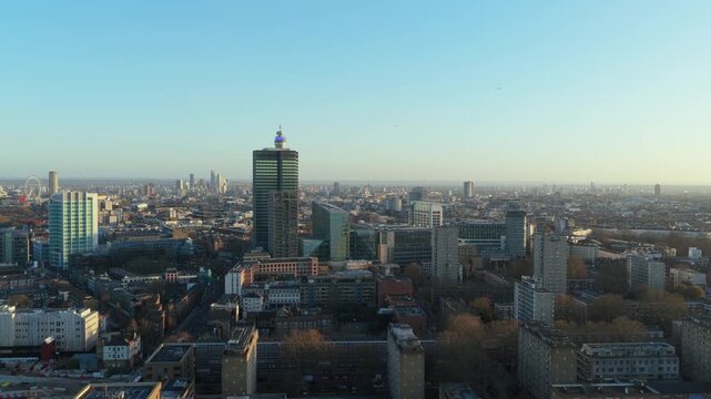 Urban panorama showing London's cityscape featuring BT Tower and other boroughs like Fitzrovia and Marylebone, with central London skyscrapers on horizon