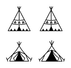 Four minimalist black and white line art illustrations of teepees or tents, two with decorative patterns and two with open entrances, suitable for icons or logos. © Kazi Studio
