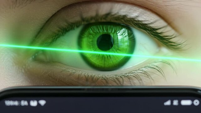 Human eye close-up. Brown iris reflects green laser line. Smartphone screen visible below. Signal bars show connectivity. Person's expression neutral. Ideal for tech and digital interaction projects