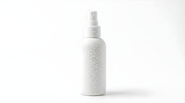 Blank white spray bottle mockup with water droplets on white background