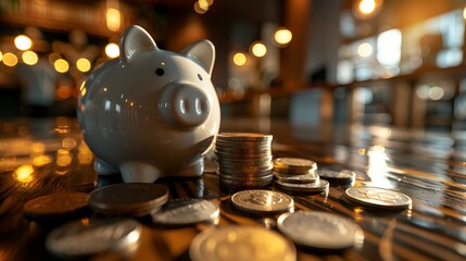 Obraz premium Piggy Bank Surrounded by Coins on a Wooden Table, Symbolizing Savings and Financial Growth Ideas