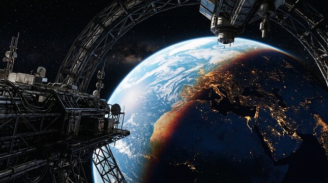 Magnificent view of Earth's terminator line from space, heavily framed by the intricate metallic truss and fluid lines of a spaceport.