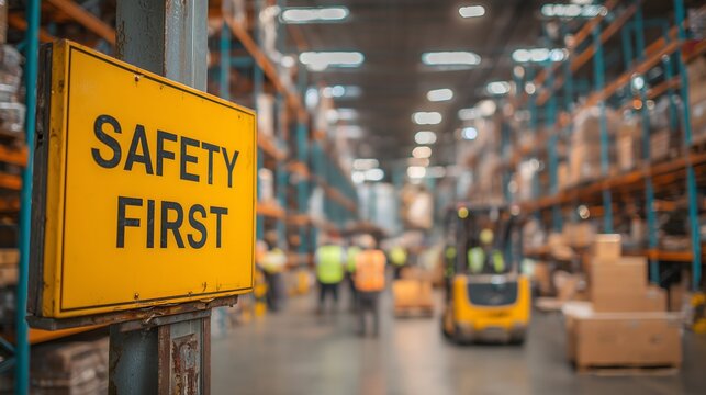Safety first sign in warehouse with blurred industrial background, workplace safety awareness concept, logistics and factory environment with workers and equipment